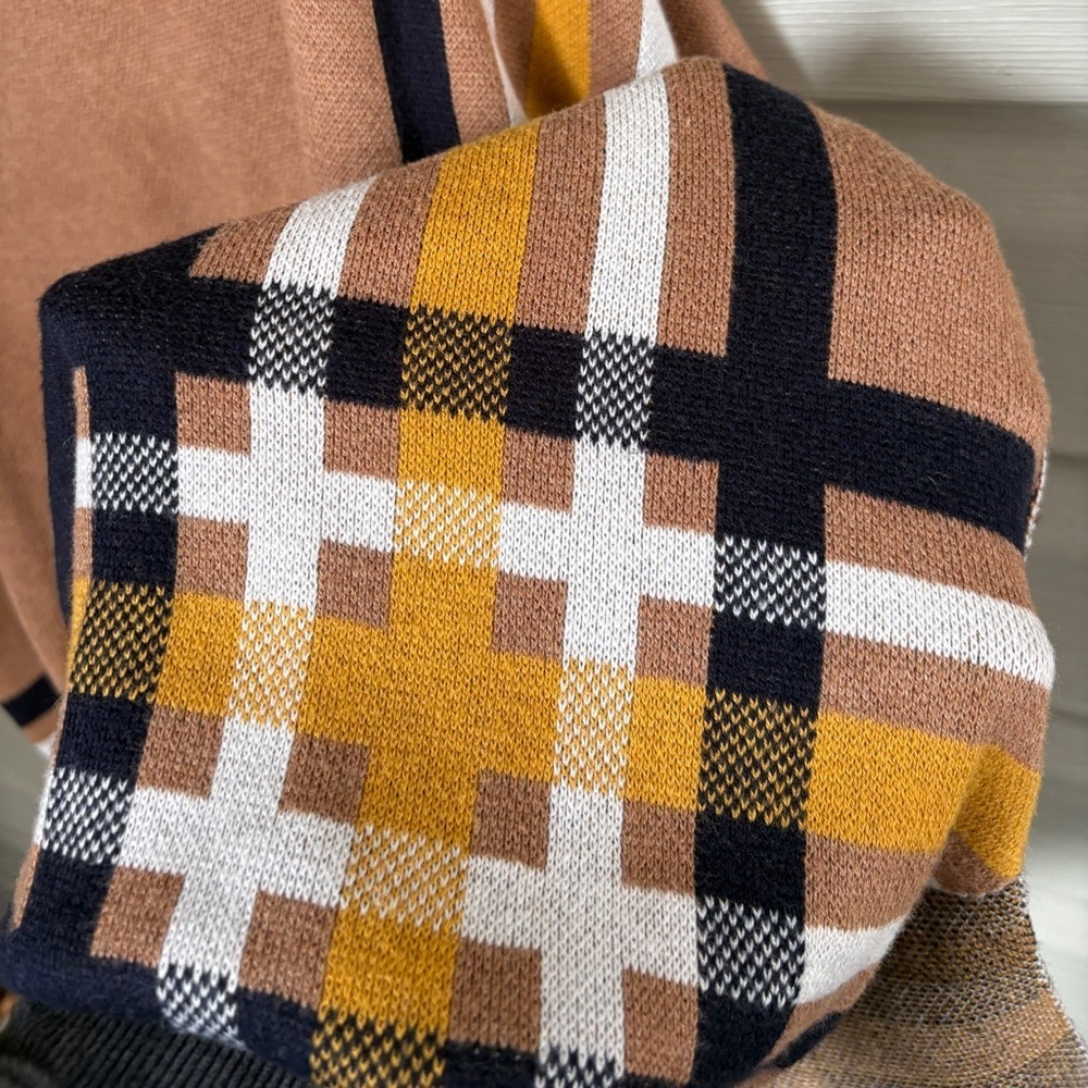 TALBOTS Sabrina poncho sweater preppy classic fall tan navy mustard EUC sz M/L - Picture 9 of 15